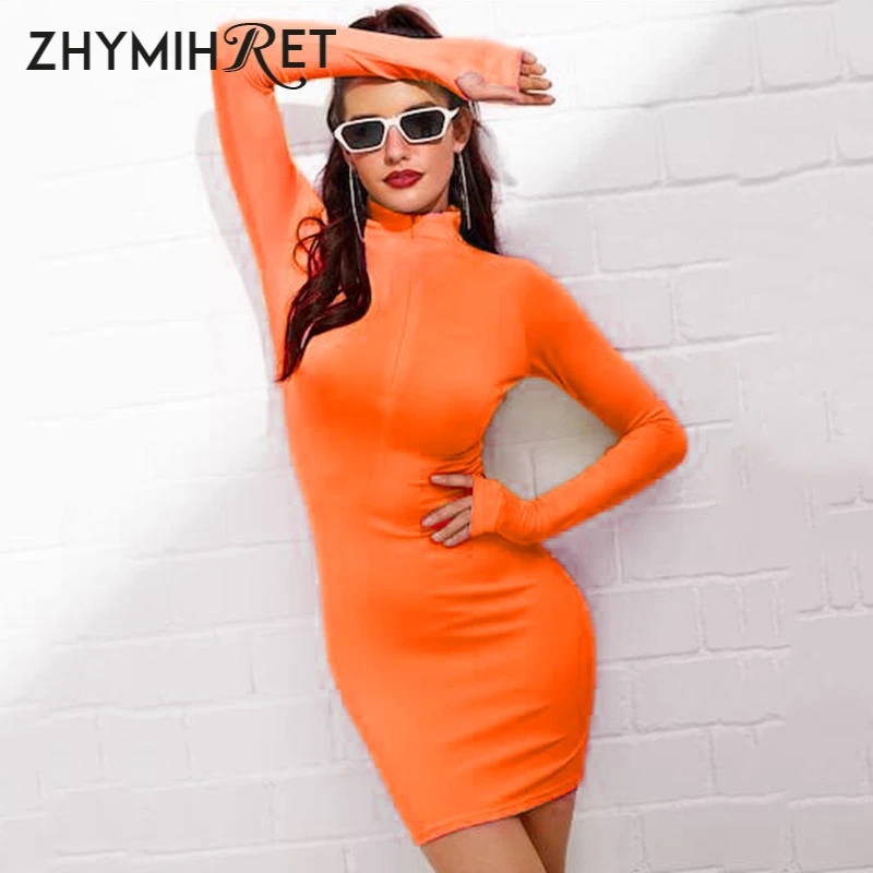 ZHYMIHRET 2021 Осенняя неоновая Цвет платье для женщин пикантные узкие брюки на молнии