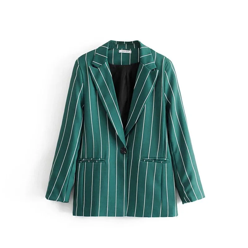 Брючный костюм женский винтажный в зеленую полоску модный блейзер с карманами на