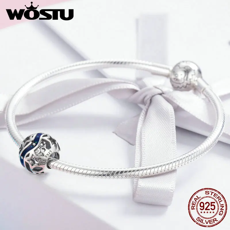 Бренд WOSTU, Настоящее 925 пробы, Серебряный ажурный браслет со звездами, модный серебряный браслет с бусинами, сделай сам, ювелирное изделие, подарок CQC640