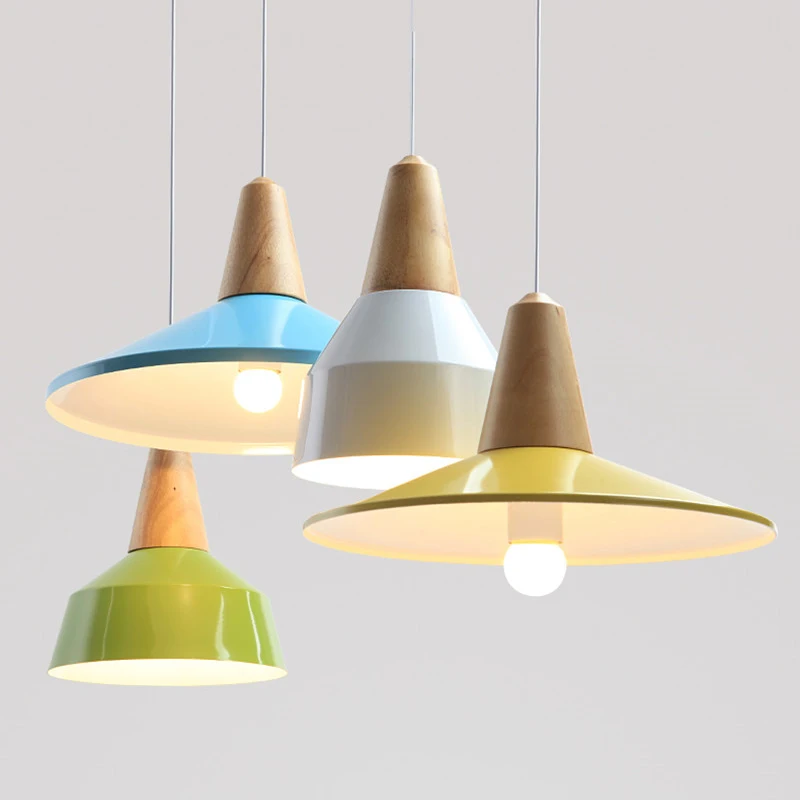 Creative Industrial Wind Iron Hanging Light Nordic Minimalist Macaron Multicolor Solid Wood E27 Pendant Lamp For Study Office | Лампы и