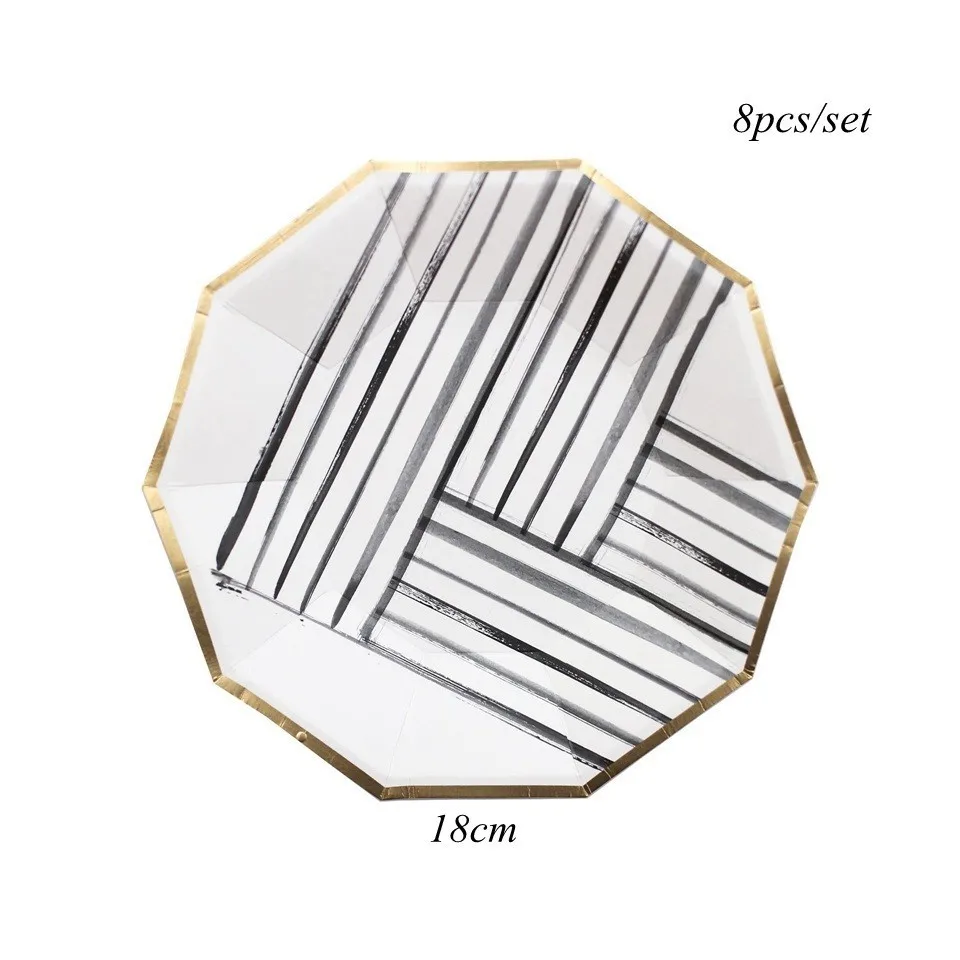 8pcs WB Plate S 1 Набор одноразовых столовых приборов белого и черного цвета, набор для рисования чернилами, позолота, бумажная тарелка/чашка для свадебного стола, Декор, принадлежности для дня рождения - Цвет: 8pcs WB Plate S