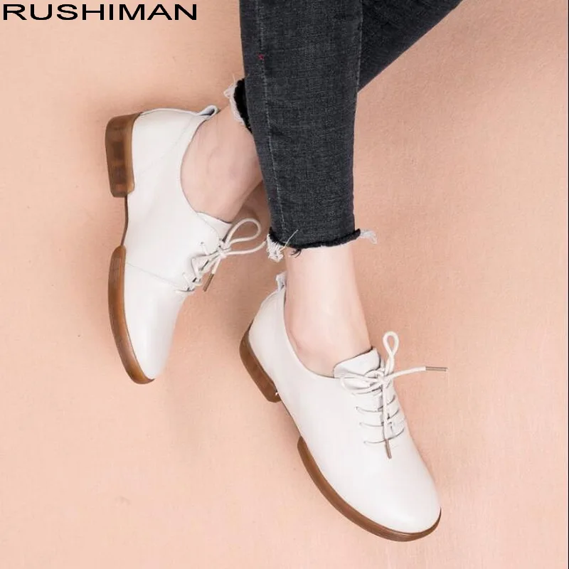 

RUSHIMAN 2019 Spring women oxford shoes ballerina flats shoes women Genuine Leather Round Toe Lace-Up Casual Shoes Flat Loafers