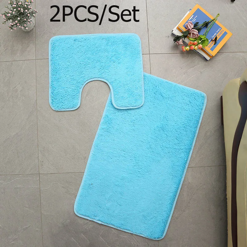 2pcs Blue Лохматый Противоскользящий туалетный набор ковриков для ванной коралловый флис абсорбирующий коврик для ванной комнаты стойка для тряпок крышка для унитаза tapis salle de bain - Цвет: 2pcs Blue
