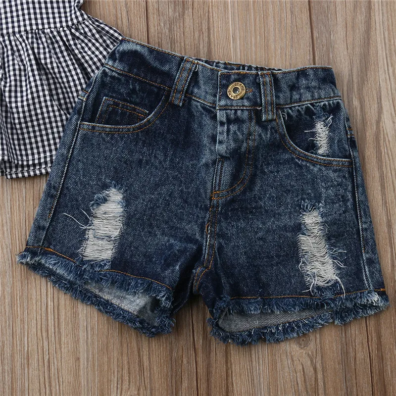 2pcs Fashion Plaid Outfits Baby Girls Halter Neck Crop Tops Denim Short Pants Summer 2019 Brand Toddler Kids Clothing Sets | Детская