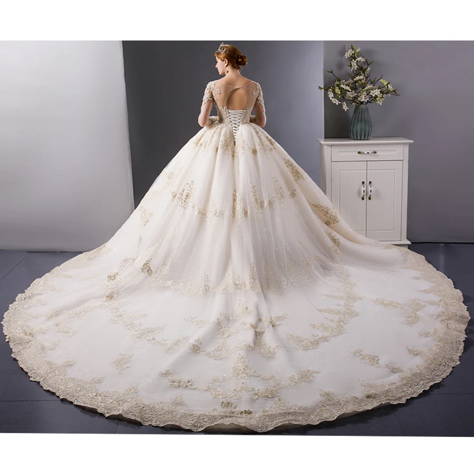 SL 6099 роскошное Золотое кружевное бальное платье с вышивкой и длинными рукавами