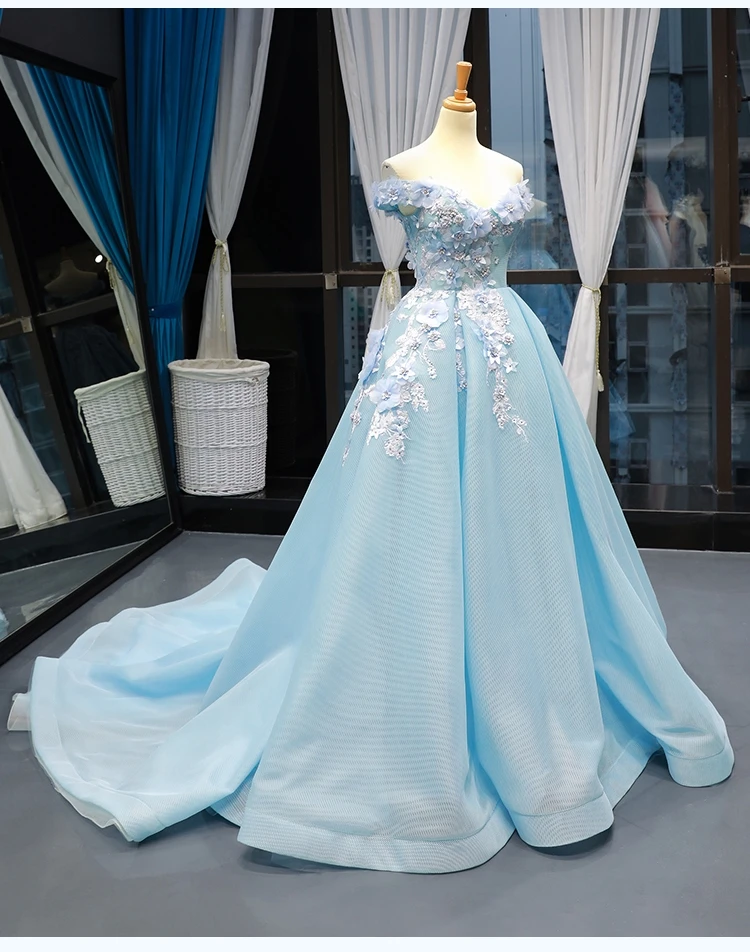 J66795 jancember sky blue evening dress v-neck off shoulder lace up back flowers formal dress party vestidos de fiesta de noche