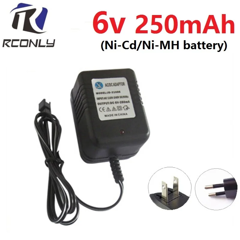 

E.U/U.S Plug 6V 250mA Charger For Ni-Cd/Ni-MH battery pack charger For toy RC car AC 110V-240V Input DC 6v 250mA SM black Plug