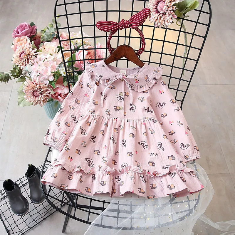 

DFXD 2018 Spring Autumn Kids Girl Long Sleeve Animal Print Peter Pan Collar Toddler Dresses New Cute Baby Party Dress 2-8Years