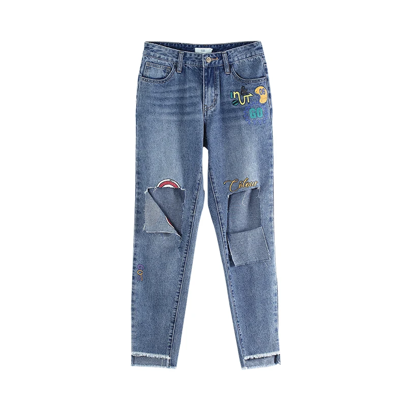 Toyouth Slim Ripped Pencil Denim Pants H Type Mid Waist Asymmetrical Straight Jeans Skinny Femme Tight Button Casual | Женская одежда