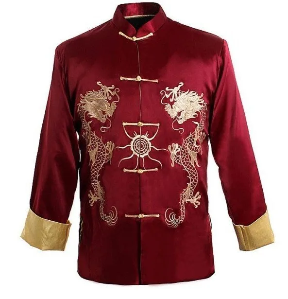 Бордовая традиционная китайская мужская куртка Кунг-у пальто рубашка вышивка с