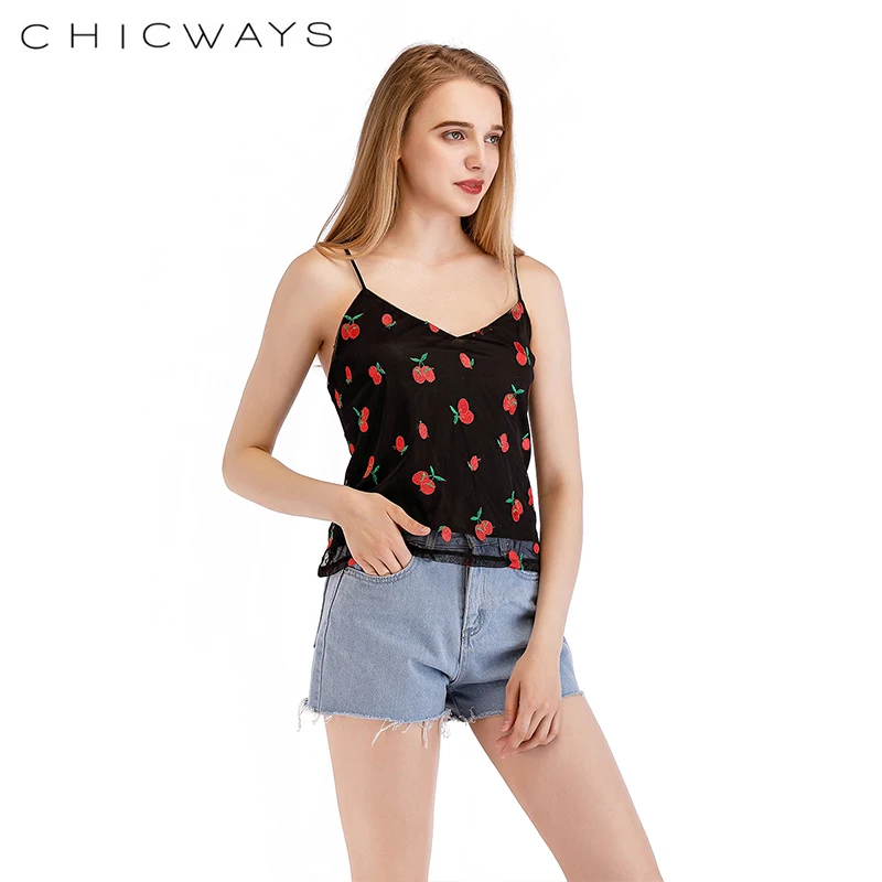 CHICWAYS Сексуальная спинки сетки майки Embroiderd цветочный вишни Спагетти ремень топы
