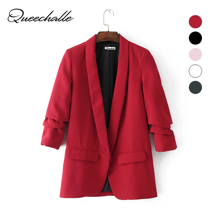 Queechalle 2021 Spring Autumn Red Jacket Blazer Women Folded Sleeve Notched Office Lady Suit Coat Female Solid Casual Outerwear