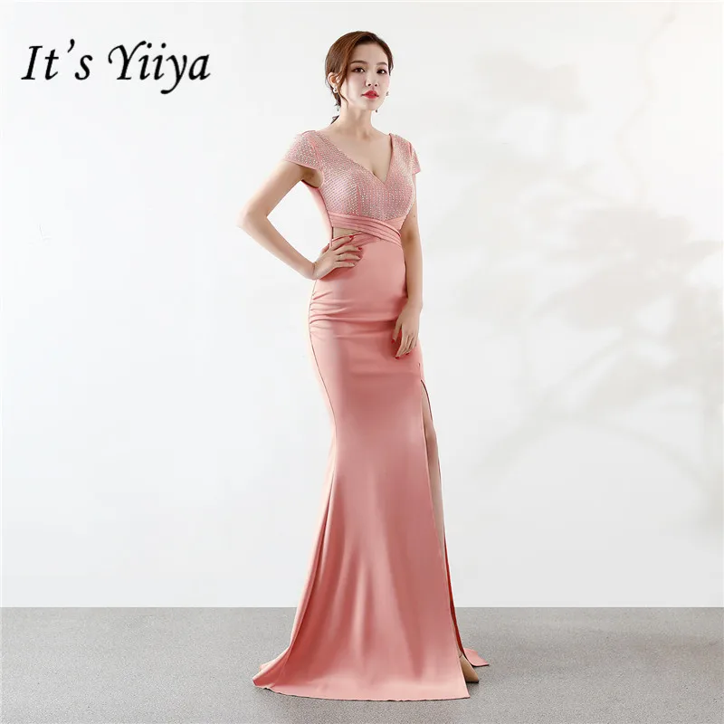 

It's Yiiya Sequined evening dress Floor-length zipper back Mermaid party Gowns V-neck Short sleeve long Royal Blue dresses C075