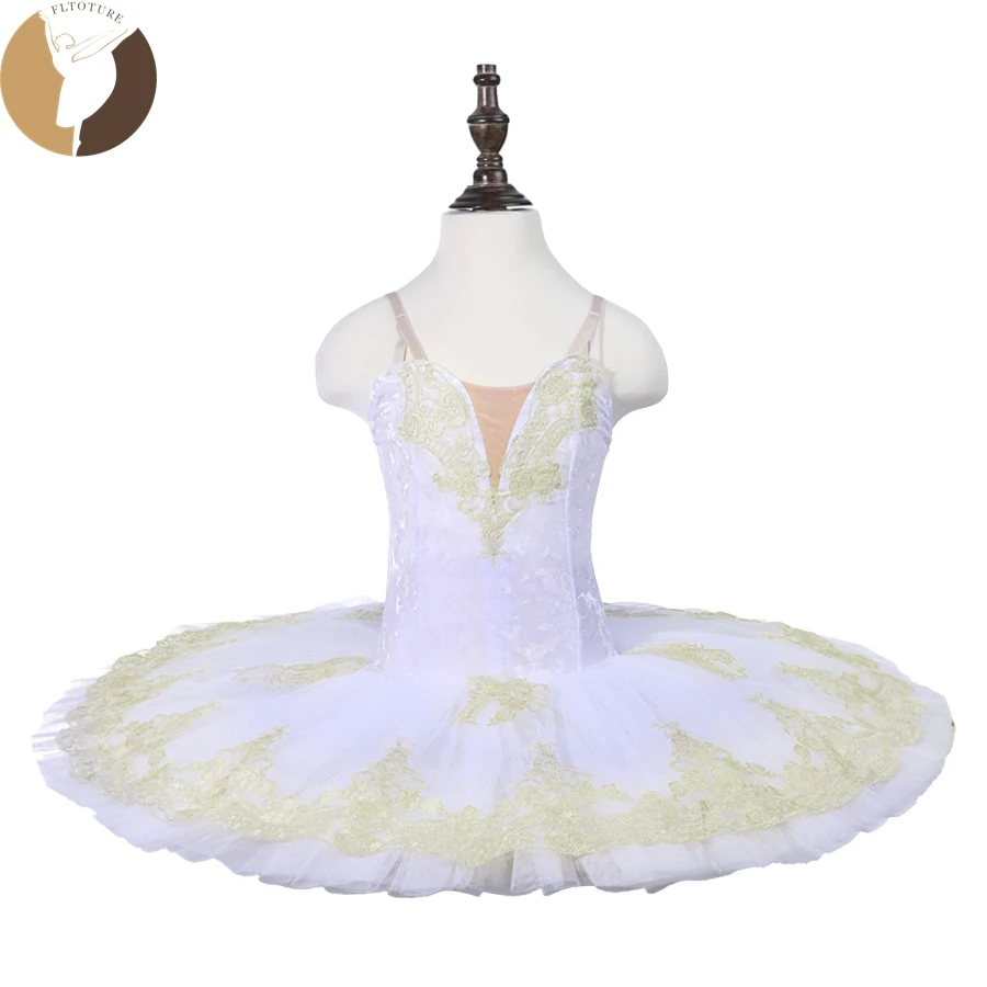 

Fltoture CT18070 Child Ballet Pancake Tutu 7 Layers Hard Tulle Skirt Tutus Velvet Fabric White Swan Stage Costumes Custom Made