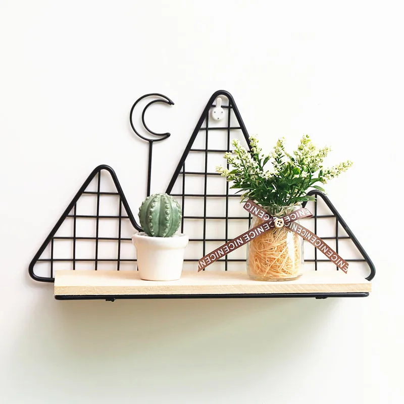 

Wooden Iron Geometric Racks Moon Cloud Shape Wall-Mounted Storage Holders Metal Grid Sundries Home Decoration Hanging Shelves