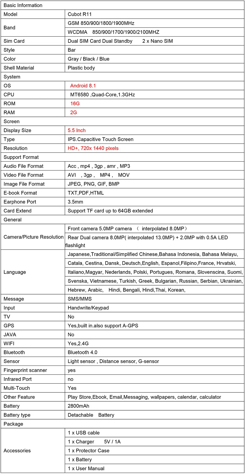 Cubot R11 смартфон 5,5 дюймов HD+ Экран MT6580 Quad-Core телефон задние двойные Камера 2 ГБ+ 16 Гб 2800 мА/ч, чехол для телефона Dual SIM карты