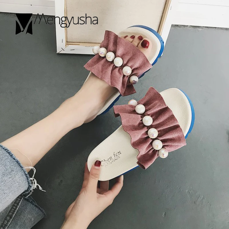 Оборками Перл Босоножки на платформе замша плиссированные шлепанцы женская