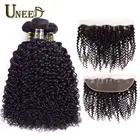 Uneed малайзийские глубокие кудрявые предварительно выщипанные 13x4 кружевные фронтальные застежки с пряди Remy натуральные волосы 3 пряди Hman волосы с застежкой