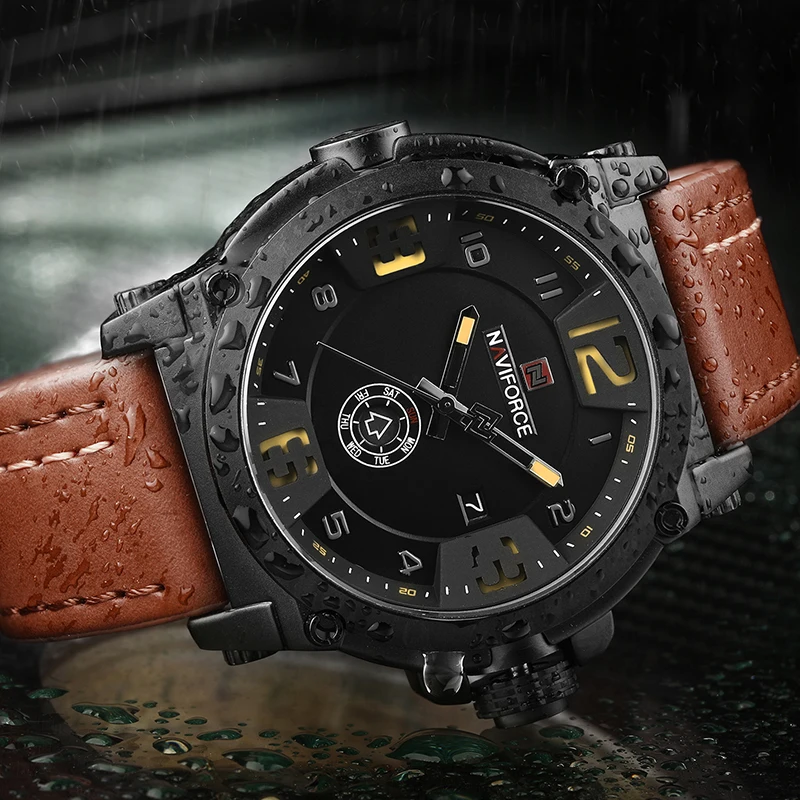 Часы NAVIFORCE мужские спортивные кварцевые с кожаным ремешком водонепроницаемые