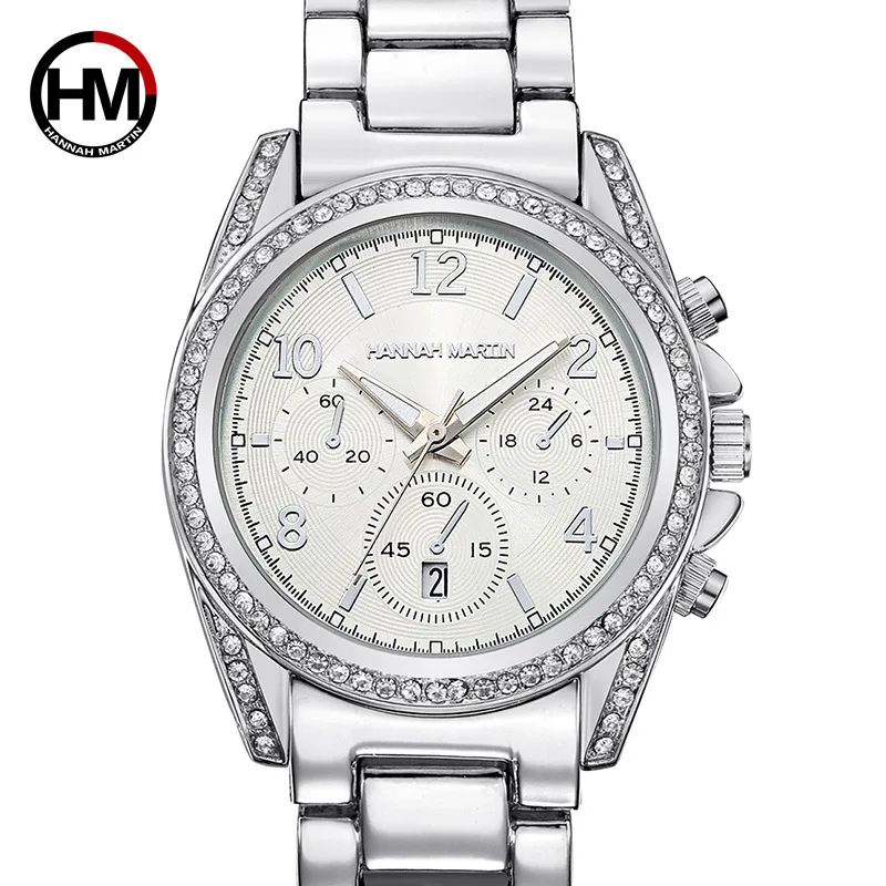 HANNAH MARTIN Luxury Silver Women Bracelet Watches Crystal Ladies Watch Quartz Wristwatch Steel Strap relogio feminino Calendar