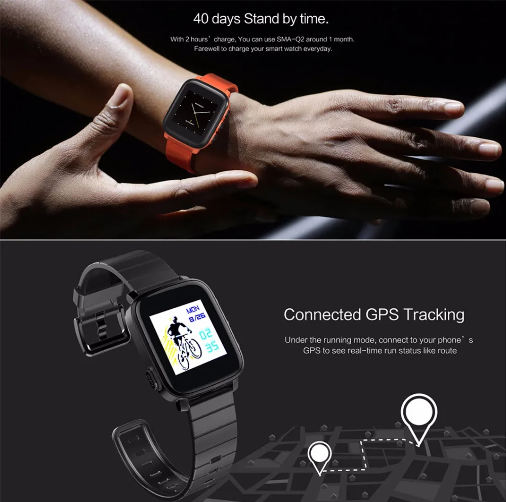 SMAWATCH SMA-Q2 Smartwatch 1 28 &quotBluetooth сердечного ритма трекер Smart Sport Фитнес часы шагомер для