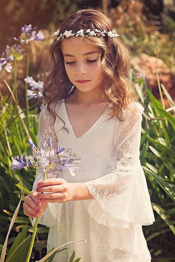 

Кружевное блестящее платье цвета слоновой кости для девочек, Прозрачное платье с длинным рукавом в стиле бохо, с цветочным рисунком, для сва...