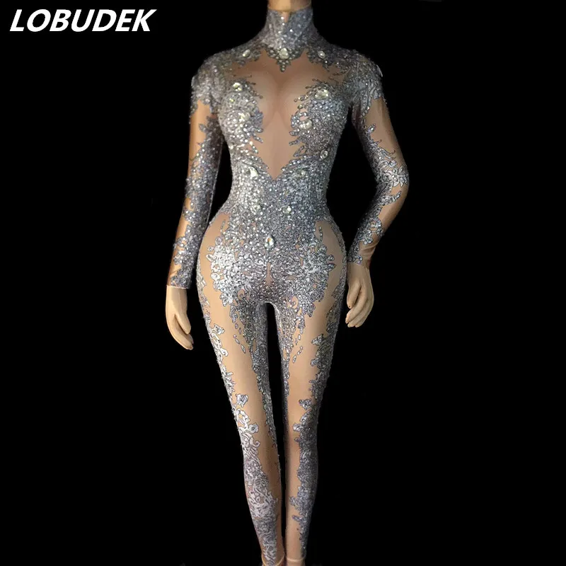 Эластичный комбинезон с 3D принтом серебристый со стразами для ночного клуба бар