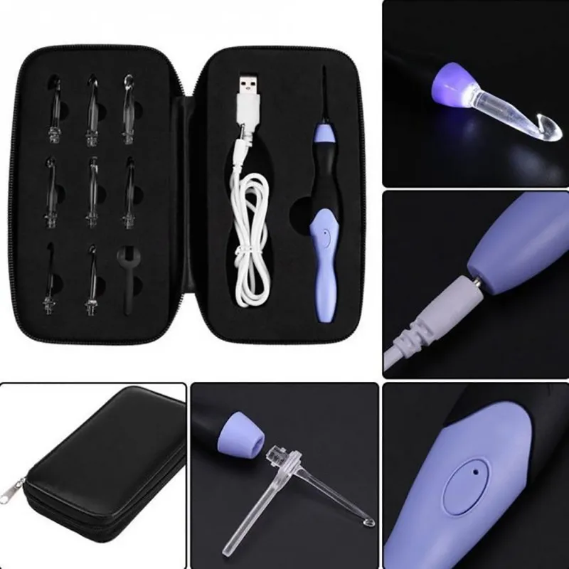 Useful 9-in-1 USB LED Light Up Purple Crochet Hooks Knitting Needles Set Weave Tool Kit Sewing Accessories | Дом и сад