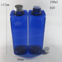 24 x 100ml empty cobalt blue pet cream flat square shoulder aluminum cap bottle 100cc plastic shampoo and cosmetic packaging