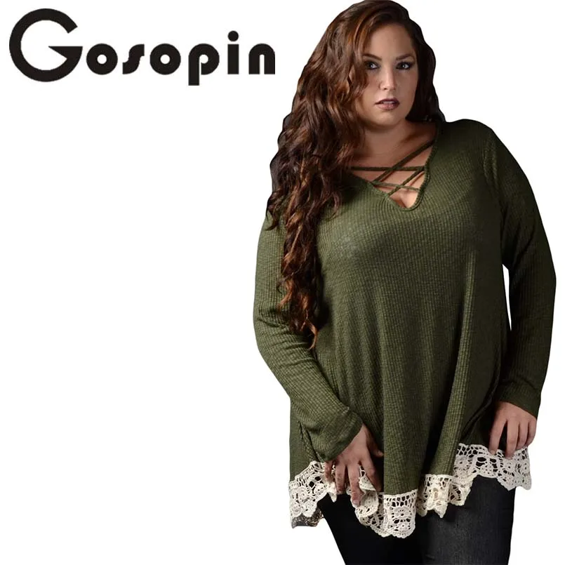 Gosopin/большие размеры осенне-зимние футболки с v-образным вырезом женские