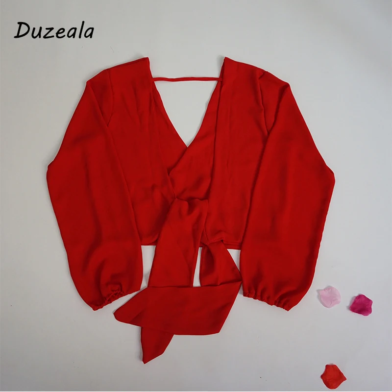 Sexy V Neck Wrap Sheath Exposed Navel Short Top Bow Tie Autumn Shirts Chiffon Women Blouses Backless Red White Crop Tops | Женская