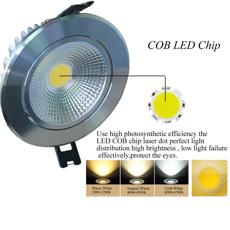 Серебряный корпус Led Cob светильники с регулируемой яркостью 10 Вт 12 120 Угол CRI85 AC90-260V