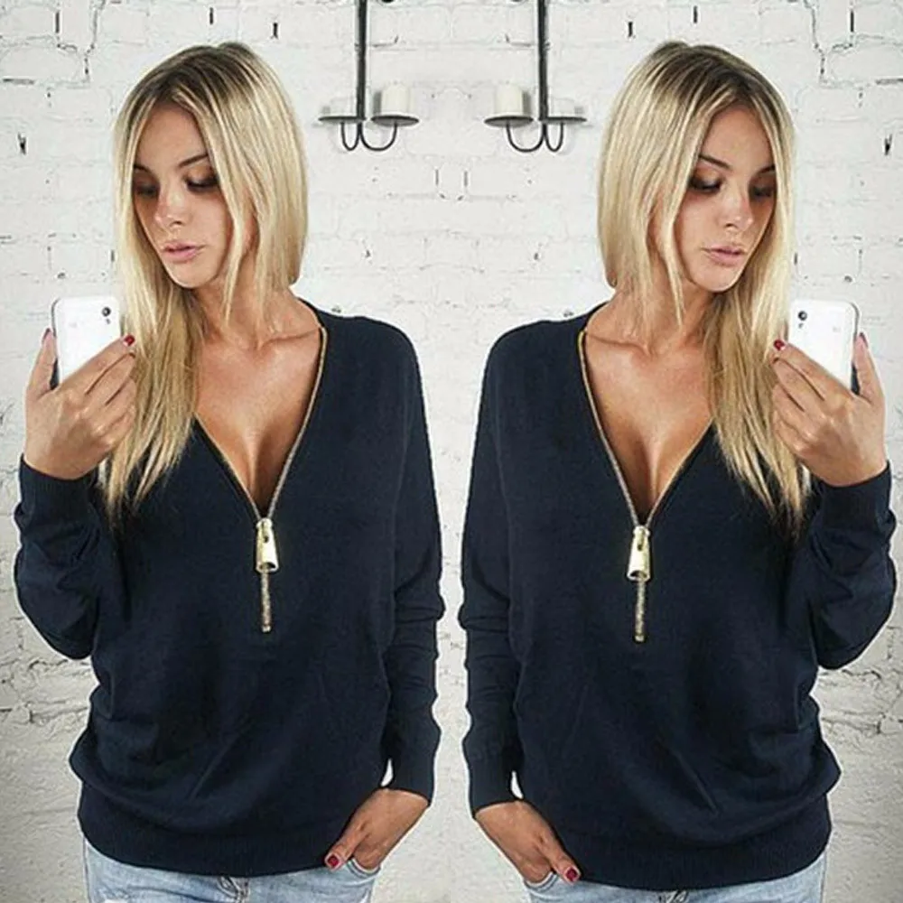 Женская футболка с глубоким вырезом облегающие худи на молнии свободный свитер 2017|sudaderas mujer|sweatshirt womenpullover