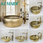 KEMAIDI роскошный умывальник, керамическая раковина и смеситель для ванной комнаты, круглая краска, золотая чаша, раковиныраковины для сосудов