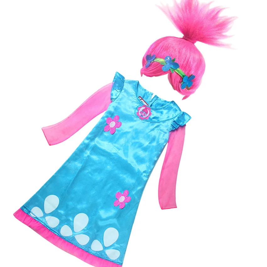 Фото New Christmas Carnival Costume Trolls Wig toy For Kids Poppy Lace Dress Baby Girls Moana clothes Children Vaiana Party Vestido №3