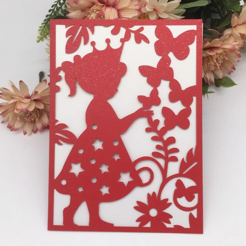 

25pcs/lot Unique Blue Beautiful Girl Butterfly Invitation For Bless Greeting Anniversary Party Earth Day Christening Baptism