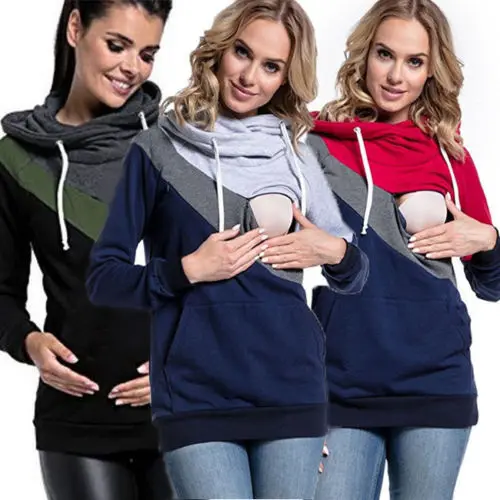 Pregnant Women's Fashion Nursing Hoodies 2018 New Casual Color Patchwork Maternity Breastfeeding Autumn Sweatshirt Top S-2XL | Женская