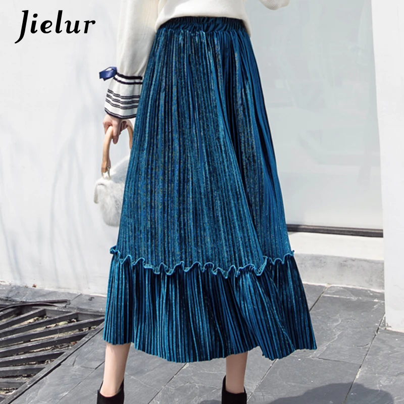 Jielur 2021 Chic Patchwork Velvet Midi Skirt Women Autumn Fashion High Waist Pleated Skirts 7 Colors Elegant Vintage Saia Female | Женская