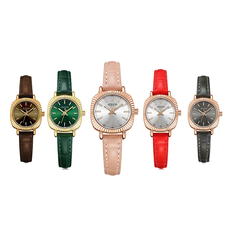

Julius Vintage Square Women Quartz Wrist watches Liades Leather Strap Bracelet Watch Creative Gear Case Relogio Feminino