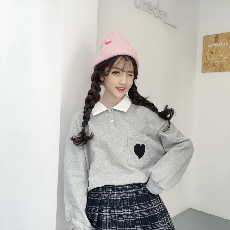 Harajuku модные милые любовь вышивка Для женщин толстовки хлопок сладкий с лацканами студент Толстовка поло воротник свободные пуловеры