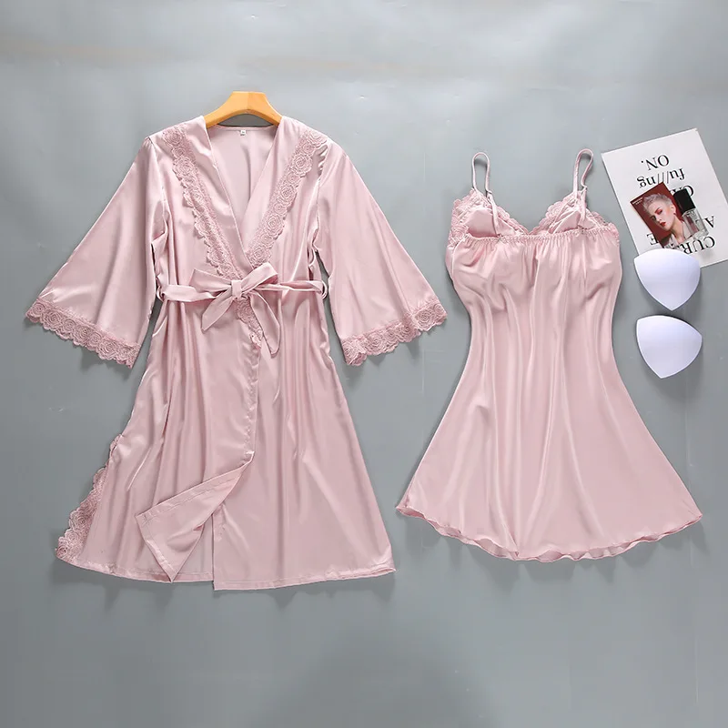 

Pink Summer Night Robe Sexy Women 2PC Strap Top Suit Sleepwear Sets Casual Pajamas Home Wear Nightwear Sleep Kimono Bath Gown