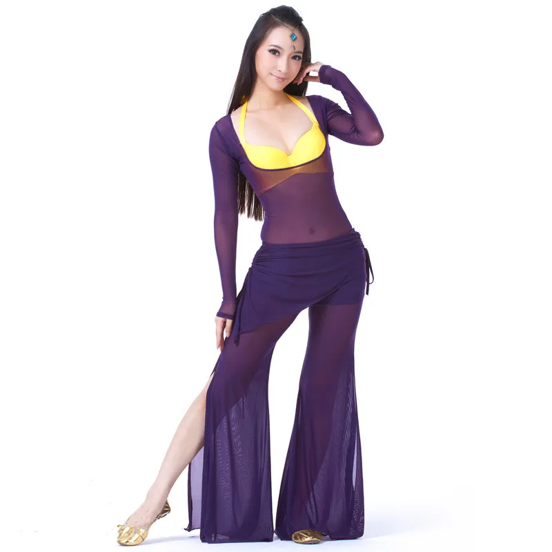 Purple Женский костюм для танца живота, комплект из 2 предметов, марлевый топ на груди+ штаны, тренировочная одежда для леди, костюм для танца живота, Топ с длинным рукавом(без бюстгальтера - Цвет: Purple