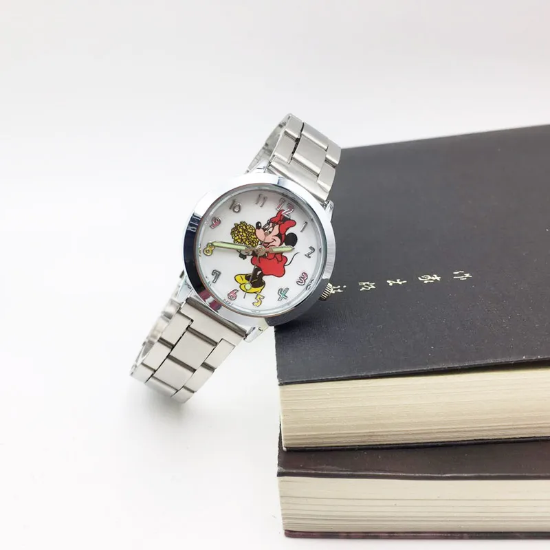 flower mouse Женские часы с мультипликационным принтом, серебристые кварцевые аналоговые светящиеся стрелки из нержавеющей стали, наручные часы для женщин и девушек, женские наручные часы - Цвет: flower mouse