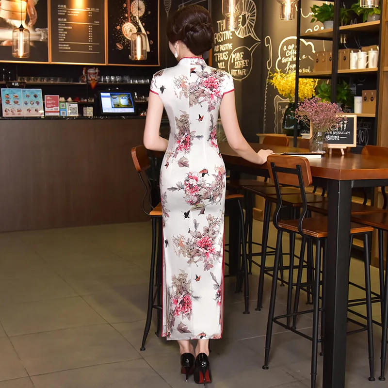 

2019 Fashion Long Cheongsam Chinese style Mandarin Collar Dress Womens Summer Rayon Qipao Slim Party Dresses Vestido S to 4XL