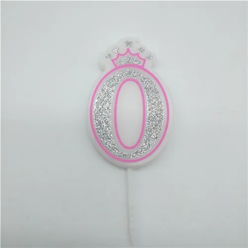 pink 0 Свечи с цифрами 0, 1, 2, 3, 4, 5, 6, 7, 8, 9, блестящие серебристые, розовые, голубые свечи с короной для детей, девочек и мальчиков, украшения для торта для вечеринки на день рождения - Цвет: pink 0