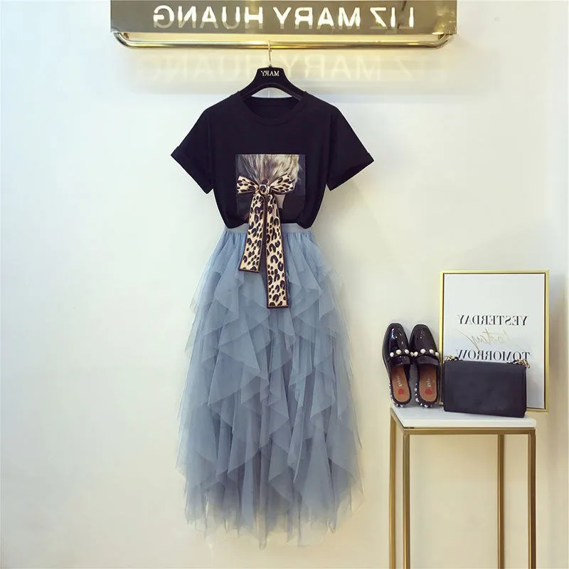 Новинка 2019 года Летняя футболка с леопардовым принтом Необычная сетчатая юбка