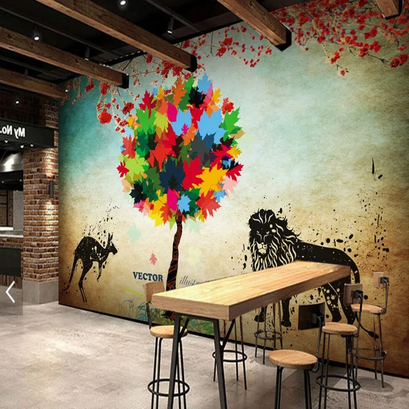 Фотообои листья Лев кенгуру силуэт фон Настенная роспись ресторан спальня