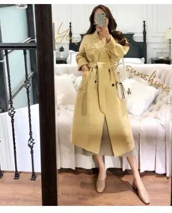 yellow Русский дизайн, высокое качество,, женский элегантный Тренч из смеси шерсти, винтажное кашемировое пальто с поясом, пальто - Цвет: yellow