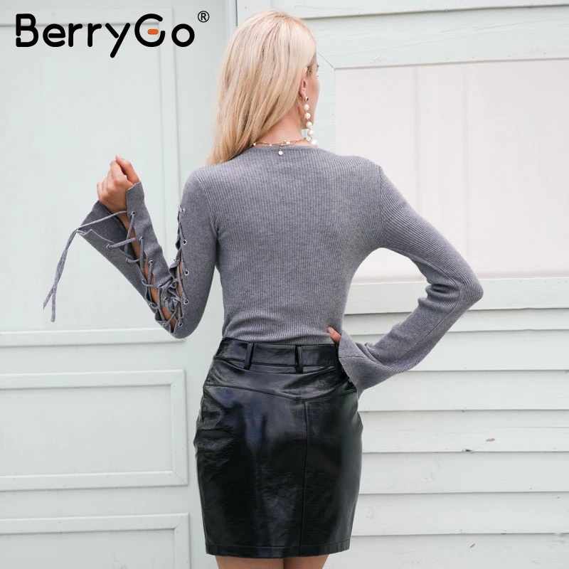 Женский трикотажный свитер BerryGo с рукавами-фонариками на осень и зиму | Женская