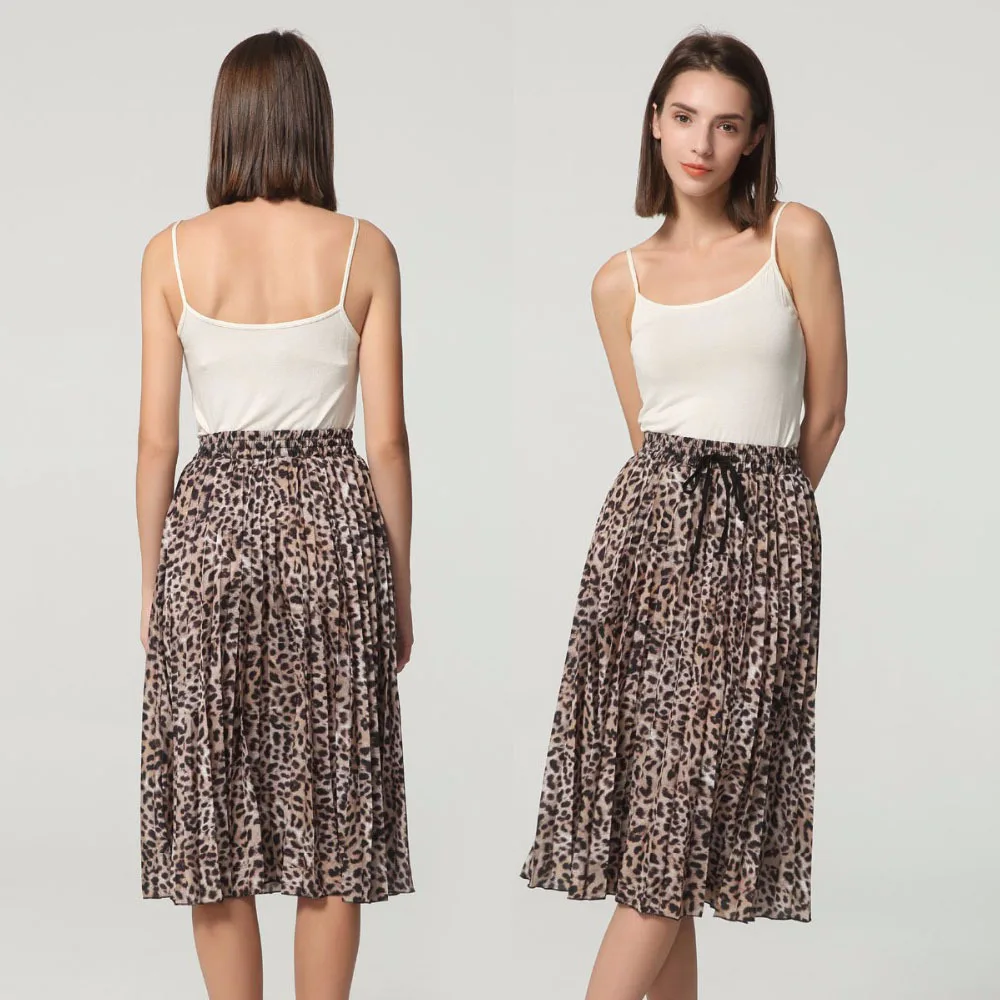 Luzuzi women stylish leopard print pleated skirt snake faldas mujer Drawstring tie elastic waist casual mid calf skirts CE3068 | Женская